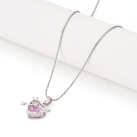 304 Stainless Steel Brass Cubic Zirconia Heart with Arrow Pendant 304 Stainless Steel Chain Necklaces NJEW-T018-07P-1