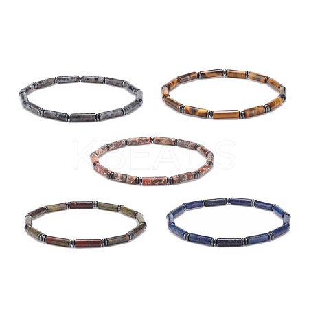 Natural Gemstone Column & Synthetic Hematite Stretch Bracelet BJEW-JB08458-1