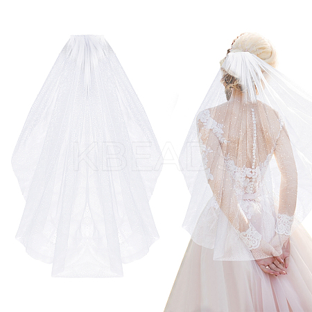 Glittered Long Mesh Tulle Bridal Veils with Combs OHAR-WH0025-14-1