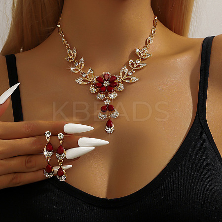 Flower Alloy Rhinestone Pendant Necklaces & Teardrop Stud Dangle Earrings Sets FS-WG19EE6-02-1