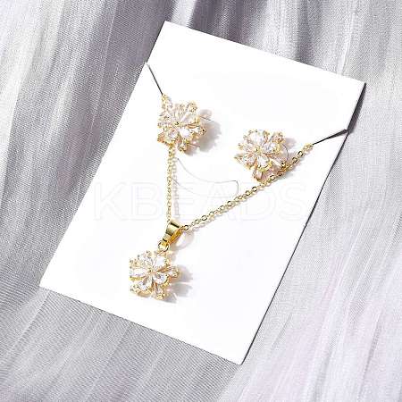 Flower Brass Micro Pave Clear Cubic Zirconia Stud Earrings & Pendant Necklaces Sets SJEW-Z002-04G-1