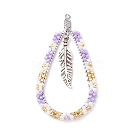 Bohemia Style Glass Seed Beaded Teardrop with Feather Pendants PALLOY-MZ00589-02-1