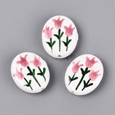 Hand Painted Tulip Flower Oval Porcelain Beads PORC-N012-11B-1