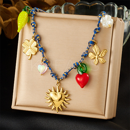 304 Stainless Steel & Plastic Flower Clover Pendant Cotton Cord Necklaces for Women NJEW-Z092-01G-01-1