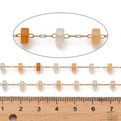 Handmade 304 Stainless Steel Yellow Aventurine Beads Flat Round Link Chains CHS-B011-05G-01-1