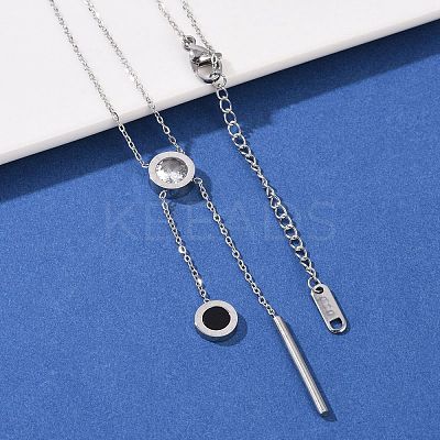 304 Stainless Steel Crystal Rhinestone Flat Round Pendant Y Necklaces NJEW-V001-03P-1