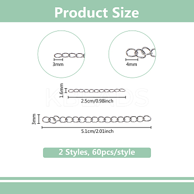 120Pcs 2 Styles 304 Stainless Steel Curb Chains Extender STAS-DC0016-81P-1
