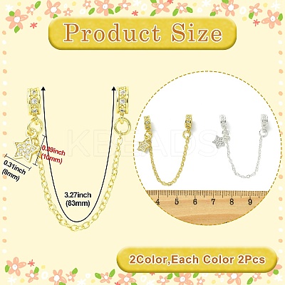 4Pcs 2 Colors Brass Pave Clear Cubic Zirconia European Safety Chains with Charms KK-CJ0003-86-1