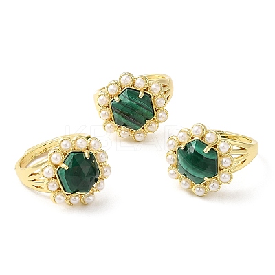 Ion Plating(IP) Natural Mixed Gemstone Hexagon Adjustable Ring with Plastic Pearl Beaded RJEW-E075-03G-1