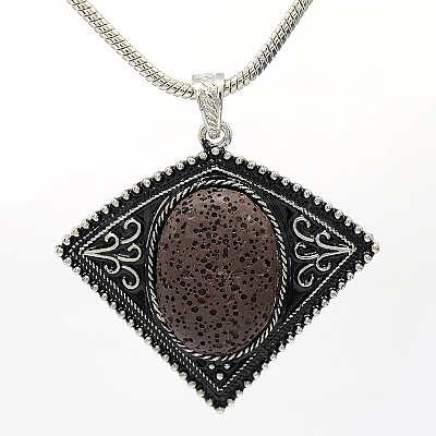 Fan Shaped Platinum Plated Alloy Lava Rock Stone Pendants G-M047-01-1