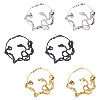 3 Pairs 3 Colors Alloy Snake Wrapped Ring Hoop Earrings for Women EJEW-AN0001-63-1