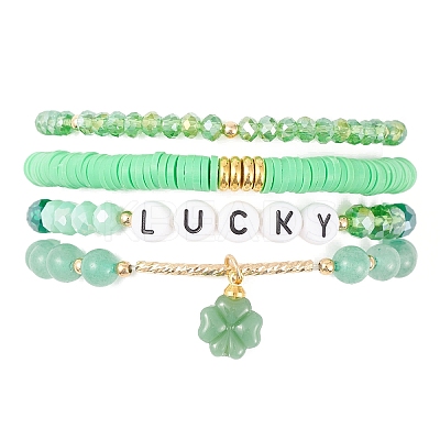 4Pcs 4 Style Glass & Polymer Clay Beaded Stretch Bracelets Set with Clover Charms BJEW-TA00305-1