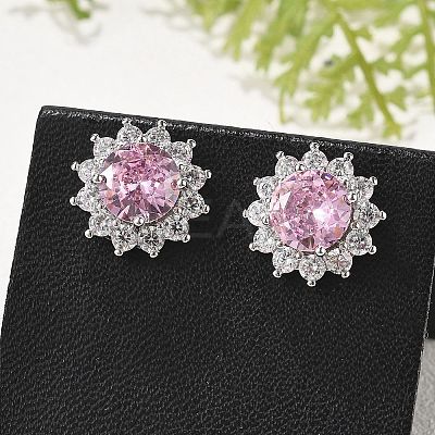Flower Brass Micro Pave Clear Cubic Zirconia Stud Earrings for Women EJEW-G428-17P-1