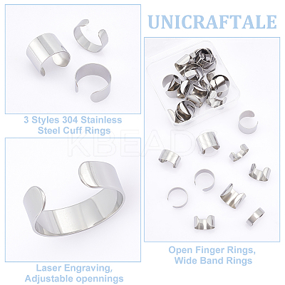 30Pcs 3 Styles 304 Stainless Steel Cuff Rings STAS-UN0059-25-1