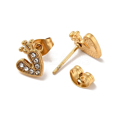 Heart with Crown 304 Stainless Steel Rhinestone Stud Earrings EJEW-A081-16G-1