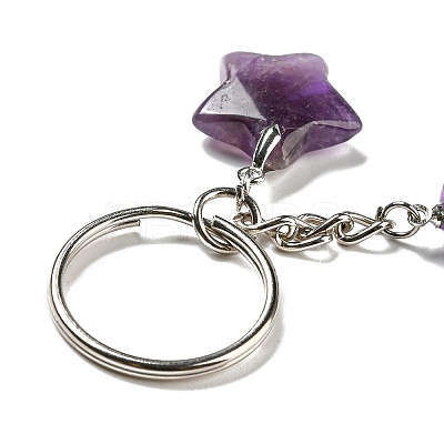 Reiki Natural Amethyst Moon & Star Pendant Keychains KEYC-P015-02P-02-1