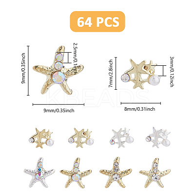 64Pcs 8 Styles Starfish Alloy Rhinestone Cabochon MRMJ-FH0001-40-1