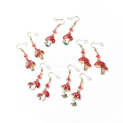 Red Alloy Enamel Mushroom with Glass Beaded Dangle Earrings EJEW-JE05049-1
