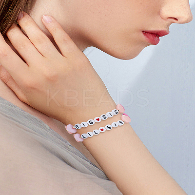 2Pcs 2 Styles Word Acrylic & Brass Heart Beaded Stretch Bracelets BJEW-LP0004-27-1