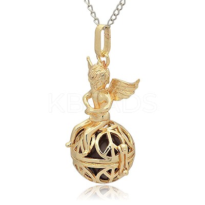 Golden Tone Brass Hollow Round Cage Pendants KK-J238-09G-1