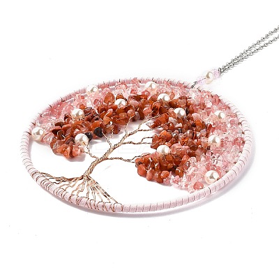 Wire Wrapped Chips Natural Rose Quartz & Red Agate Big Pendant Decorations HJEW-A005-02B-1