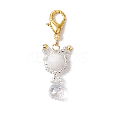 Natural Mashan Jade & Glass Seed Beaded Cat Pendant Decoration HJEW-MZ00157-01-1