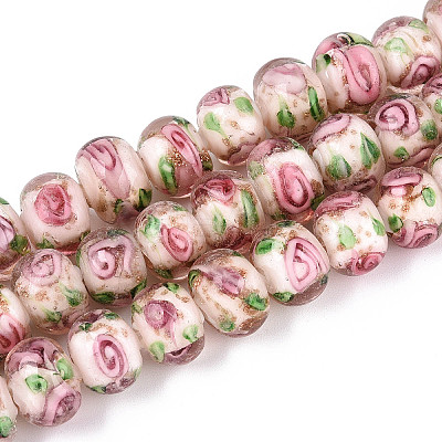 Handmade Lampwork Inner Flower Rondelle Beads Strands LAMP-T022-24J-1