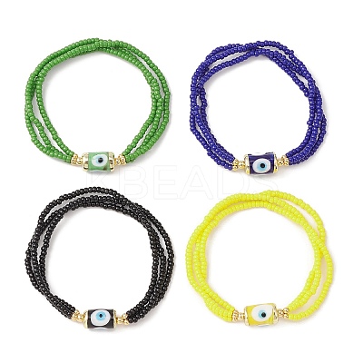 4Pcs 4 Color Glass Seed Triple Layer Stretch Bracelets Set with Lampwork Evil Eye Lampwork Beaded BJEW-TA00286-1