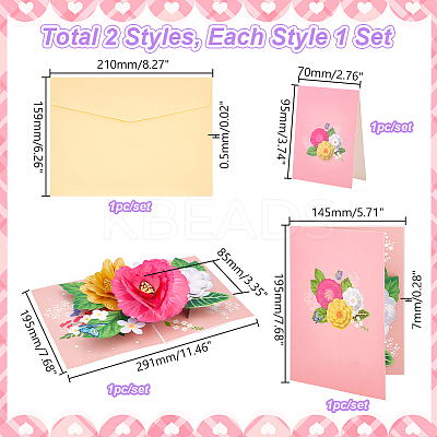2 Sets 2 Styles Valentine's Day Rectangle 3D Pop Up Flower Paper Greeting Card AJEW-GA0006-96-1