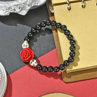Halloween Theme 8.5mm Synthetic Black Stone Beaded Stretch Bracelets BJEW-JB10882-01-1