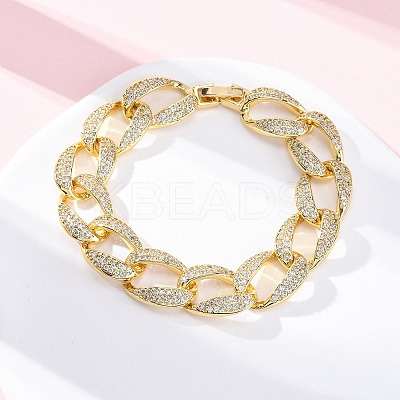 Brass Micro Pave Clear Cubic Zirconia Curb Chain Bracelets for Women BJEW-A034-04B-G-1