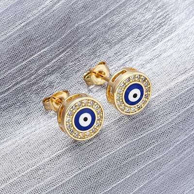 Blue Evil Eye Brass Stud Earrings ZIRC-Z017-01G-1