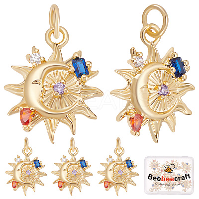 10Pcs Sun with Moon Brass Micro Pave Colorful Cubic Zirconia Pendants KK-BBC0004-16-1