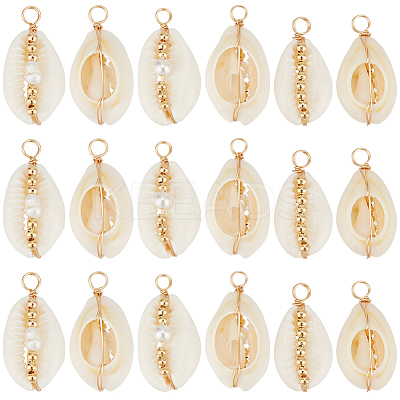 30Pcs 3 Styles Natural Cowrie Shell Copper Wire Wrapped Pendants FIND-BBC0001-76-1