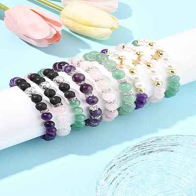 9Pcs 3 Colors Round Natural Gemstone Beads Stretch Bracelets BJEW-FS00017-1