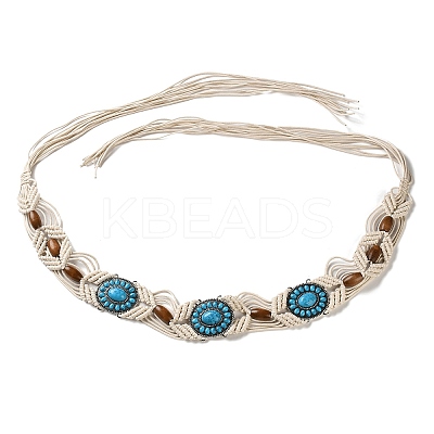 Bohemian Style Antique Silver Alloy Resin Oval & Wood Beads Waxed Cord Chain Belts for Women AJEW-K053-01-1