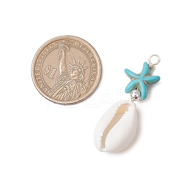 2Pcs 2 Colors Cowrie Shell & Synthetic Turquoise Starfish Pendants PALLOY-JF03407-1