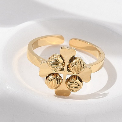 304 Stainless Steel Clover Open Cuff Rings for Women RJEW-A052-05G-1