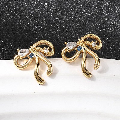Bowknot Brass Micro Pave Clear Cubic Zirconia Stud Earrings EJEW-P331-03G-1