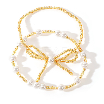 2Pcs Bohemian Bowknot Brass & Glass Pearl Beaded Stretch Bracelets for Women RB2113-1