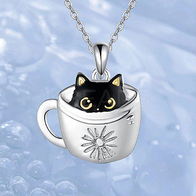 Black Cat in Cup Alloy Enamel Pendant Necklaces for Women FS-WG88A58-01-1