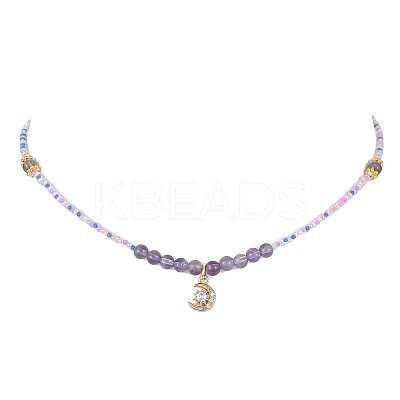 Brass Micro Pave Cubic Zirconia Moon Pendant Necklace NJEW-JN04424-1
