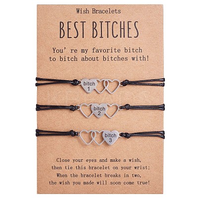 3Pcs 3 Style 430 Stainless Steel Heart with Word Bitch Link Bracelets Set JB717A-1