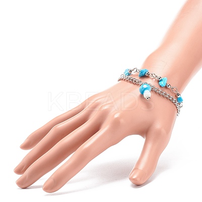 Synthetic Turquoise(Dyed) Chips Beaded Double Line Multi-strand Bracelet BJEW-JB08669-1