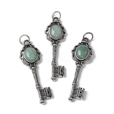 Key Brass Natural Green Aventurine Big Pendants KK-D361-01AS-14-1