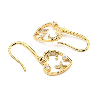 Cubic Zirconia Heart with Star Dangle Earrings with Plastic Pearl Beaded KK-C026-15G-1
