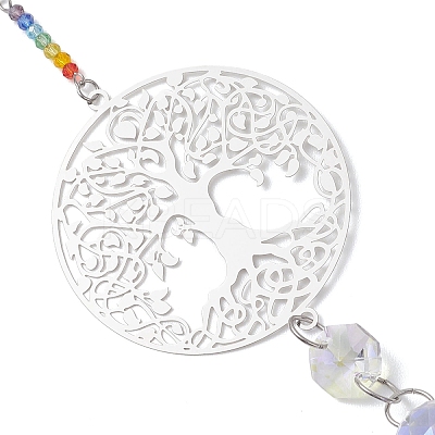 201 Stainless Steel Tree of Life Shape & Rainbow Crystal Glass Hanging Suncatcher HJEW-JM04680-1