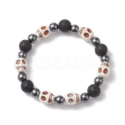 2Pcs Halloween Skull Synthetic Turquoise & Round Lava Rock & Synthetic Non-Magnetic Hematite Beaded Stretch Bracelet Sets for Women BJEW-JB10656-1