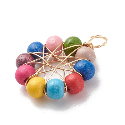 Natural Wood Round Beads Pendants PALLOY-JF01762-01-1