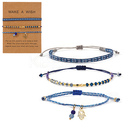 3Pcs 3 Styles Bohemian Adjustable Nylon Cord Braided Bracelet & Glass Beads Braided Bracelet & 304 Stainless Steel Hamsa Hand Charm Bracelet Set for Women GE8132-12-1